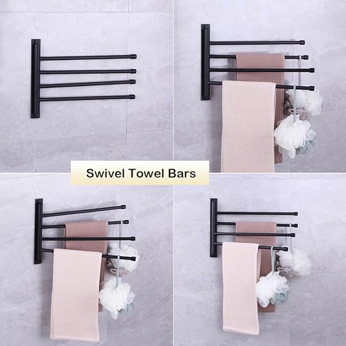 Swivel Hand Towel Bar Bathroom Swing Hanger Towel Rack Holder Matte Black Finish, Wall Mounted, 4-Arm