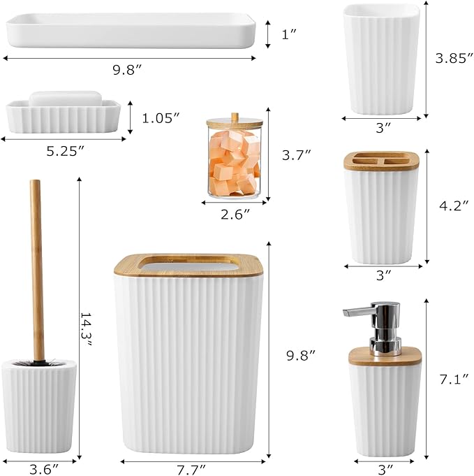 XLHOMO Bathroom Accessory Set, 9-Piece White Bathroom Set with Trash Can, Tray, Soap Dispenser, Toothbrush Holder, Toothbrush Cup, Soap Dish, Toilet Brush and Q-tip Holders for Bathroom/Housewarming