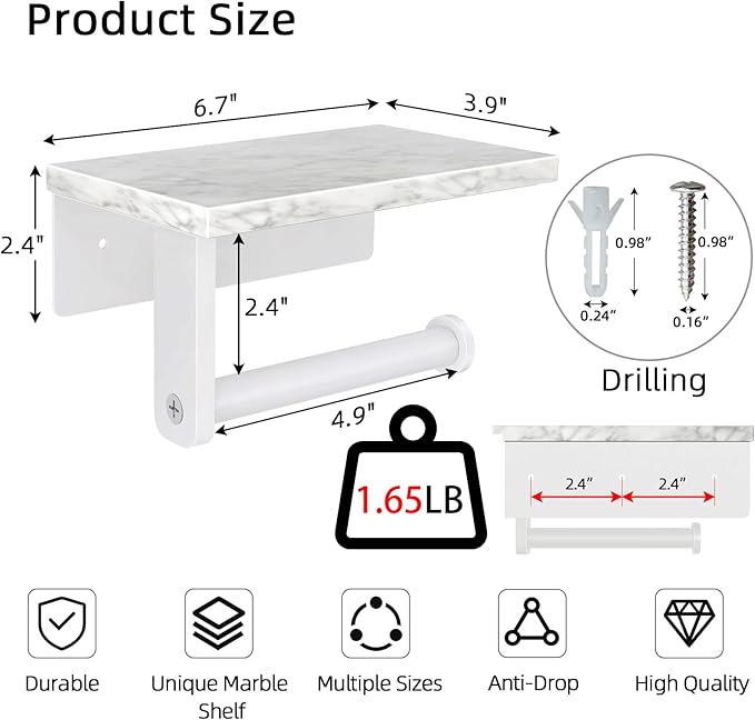 Gypie Toilet Paper Holder with Natural Marble Shelf, 304 Stainless Steel Screw Wall Mounted, Tissue Roll Paper Holder Dispenser for Bathroom Washroom White
