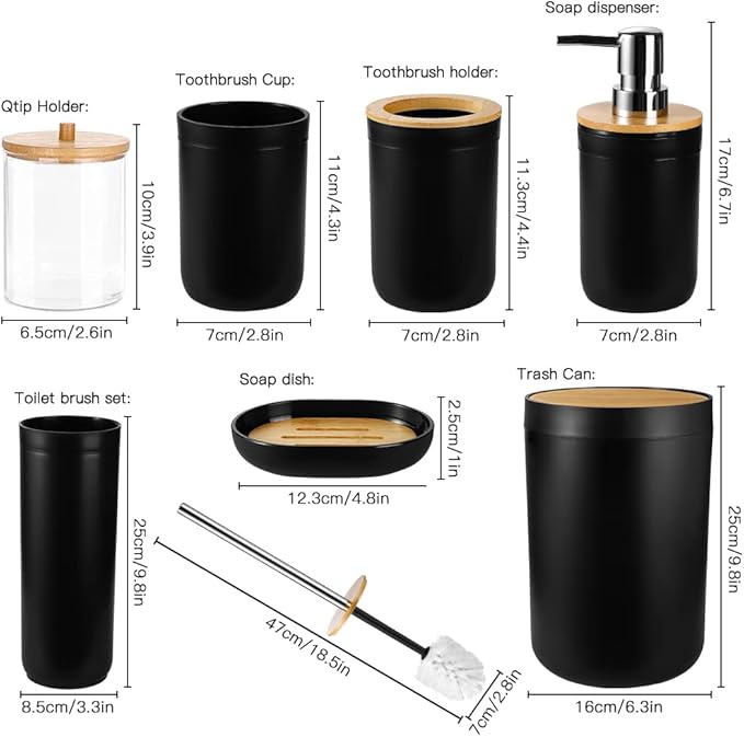 OTOSTAR Bathroom Accessories Set 8 Piece Bamboo Bathroom Accessory Set Bathroom Gift Set with 2 Qtip Holder Trash Can Soap Dispenser Toothbrush Holder Tumbler Cup Soap Dish Toilet Brush Holder (Black)