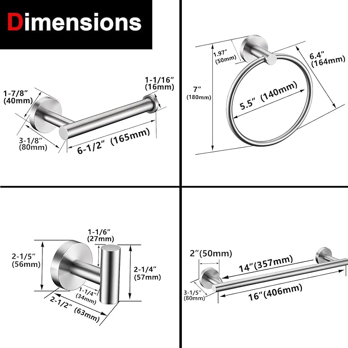 5 Pieces Brushed Nickel Bathroom Hardware Set Include 16inch Towel Bar,2pcsTowel Hooks,Toilet Paper Holder,Hand Towel Ring Round SUS304 Stainless Steel Bathroom Accessories Set Heavy Duty Wall Mounted