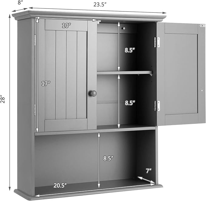 COSTWAY Wall Mounted Bathroom Cabinet, Over the Toilet Storage Cabinet w/Double Doors & Adjustable Shelf, Wood Hanging Medicine Cabinet for Living Room, Entryway, Kitchen (Gray)