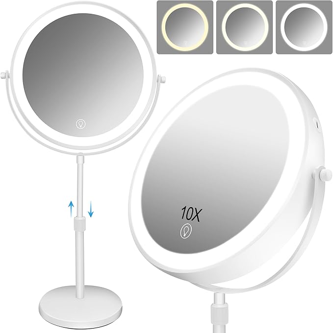 8.7" Large Lighted Makeup Mirror, 1X/10X Magnifying Mirror with 3 Color Dimmable Lights, Double Sided Vanity Mirror, Height Adjustable, 360° Swivel Cosmetic Mirror for Women Girl(White)