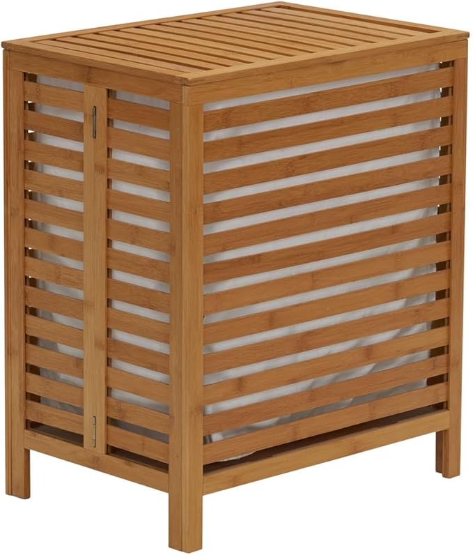 Household Essentials Bamboo Laundry Hamper, Slated Hamper with Natural Cotton Bag, Removable Bag and Foldable Frame, Chic and Environmentally Friendly