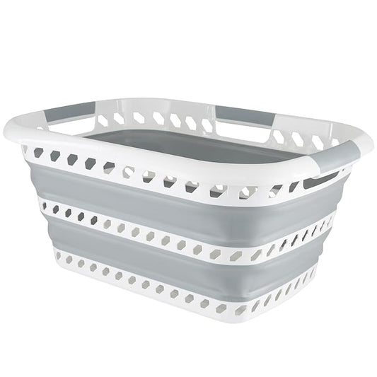 Collapsible Laundry Basket | Portable | Space Saver Storage | Hold 2 Loads | Store Under the Bed or Closet | Good for Kids | Dorm | Bedroom | Large | White/Grey