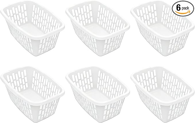6 Pack 1.5 Bushel Rectangular Plastic Laundry Basket & Hamper - Ventilated Sides, Stackable & Portable with Comfort Grip Handles, Reinforced Rim for Laundry Room, Bedroom, Bathroom & Dorm, White