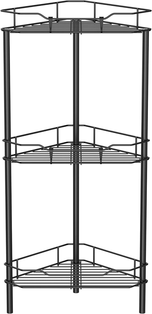 HuggieGems 3 Tier Floor Standing Corner Shower Caddy Organizer Shelf with Hooks, Bathroom Shelves Stand Rack, Black