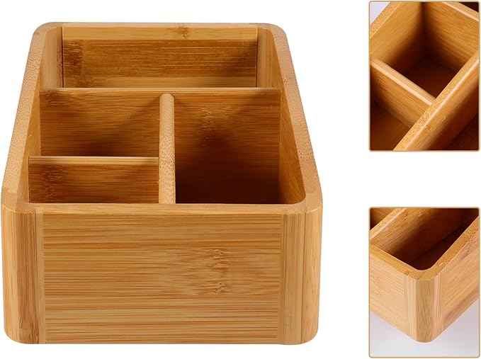 Angoily Wood Organizer Box Wood Compact Storage Organizer Bin Bathroom Countertop Storage Bin 4 Compartment Basket for Kitchen Cabinet