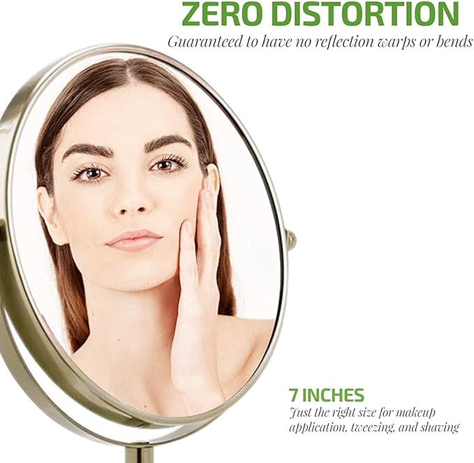 OVENTE 7'' Tabletop Makeup Mirror with 1X/7X Magnification, 360° Swivel Design and Double-Sided Free-Standing Vanity Mirror Perfect for Dresser, Bedroom and Office Desk, Nickel Brushed MNLCT70BR1X7X