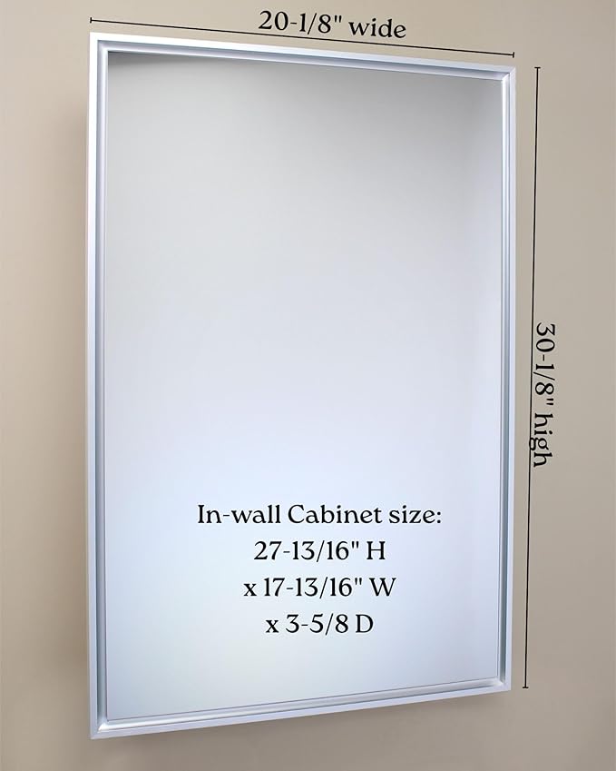 Fox Hollow Furnishings 20x30 Parker Metro Metal Framed Rectangle Recessed Bathroom Medicine Cabinet, Floating Mirror, 18x28 in-Wall Opening, Adjustable Glass Shelves, Magnet Close, Brushed Nickel