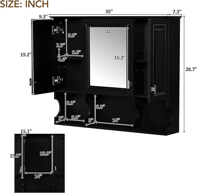 Merax Bathroom Wall Cabinet with Mirror, Wall Mounted Medicine Cabinet with Adjustable Shelves and Open Spaces, 35" x 28" Mirrored Door Over The Toilet Bathroom Storage Cabinet