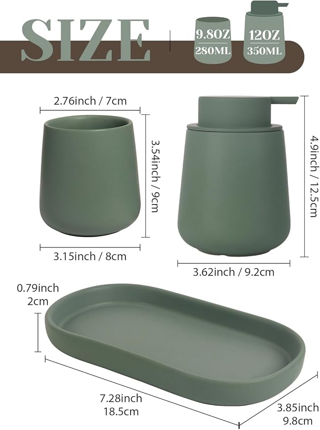 INGOFIN 3 Pcs Ceramic Bathroom Accessory Set - Foam Soap Dispenser, Toothbrush Holder & Tray, Bathroom Counter Set, Countertop Essentials for Home, Guest Bathroom, or Office Use, Matte Green