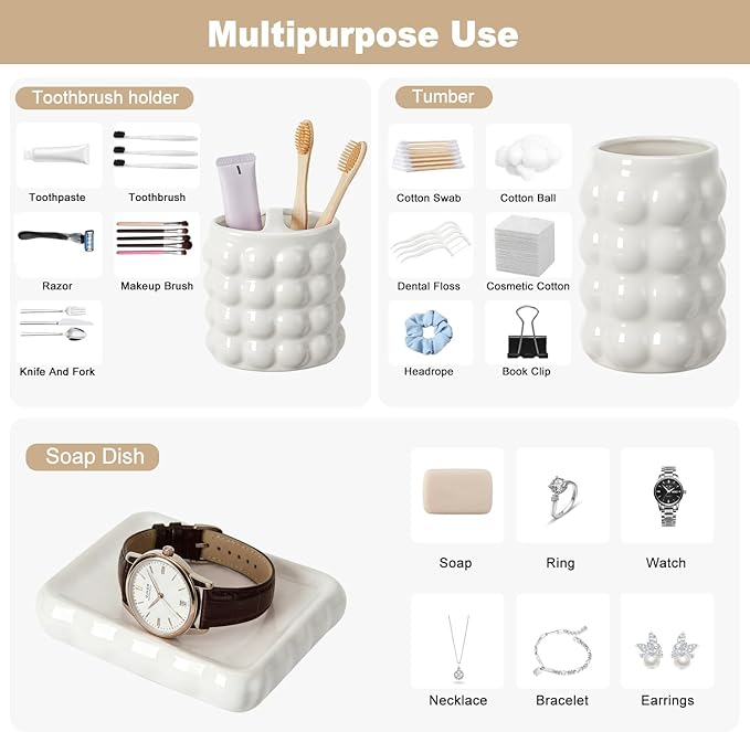 4 Piece Ceramic Bathroom Accessories Set –Soap Dispenser,Toothbrush Holder,Tumbler & Soap Dish,Includes Silicone Funnel,Non-Slip,Modern Farmhouse Countertop Organizer Set for Bathroom Decor, White