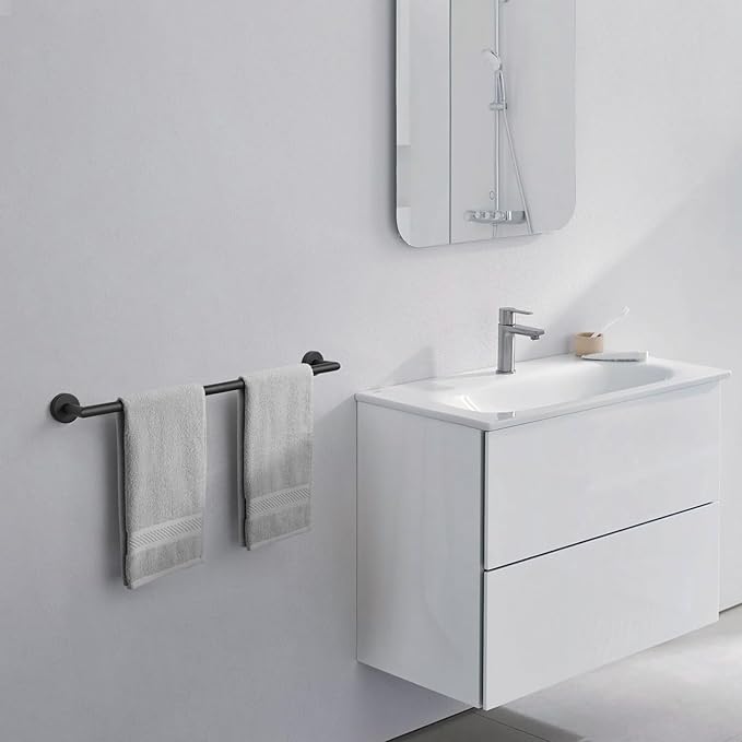 JunSun Matte Black Bath Towel Bar 24 Inch Bathroom Towel Rack Hand Towel Holder Modern Home Decor Towel Rod Bathroom Hardware Black Towel Hanger Towel Rail Towel Shelf Single Towel Bars Wall Mounted
