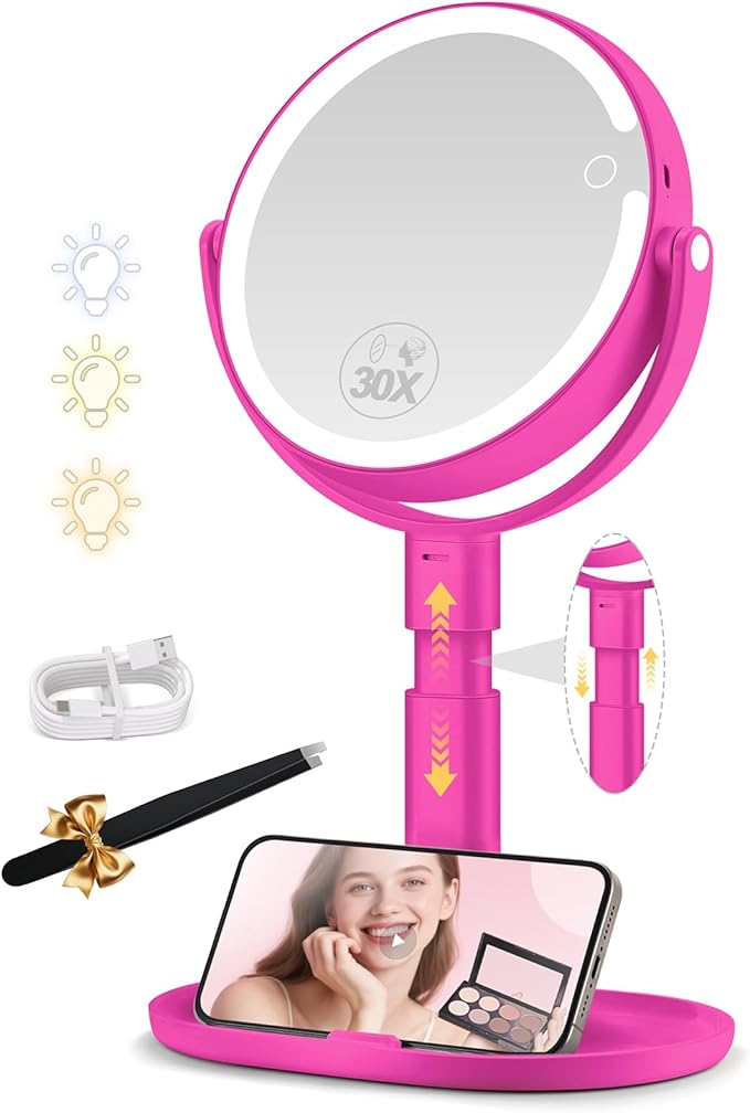 MOMOKUBA Makeup Mirror with Lights, 30X Magnifying & Height Adjustable, Lighted Magnifying Mirror with 3 Light Modes and Stepless Dimming, Vanity Mirrors for Bathroom, Birthday Gift for Women, Hotpink