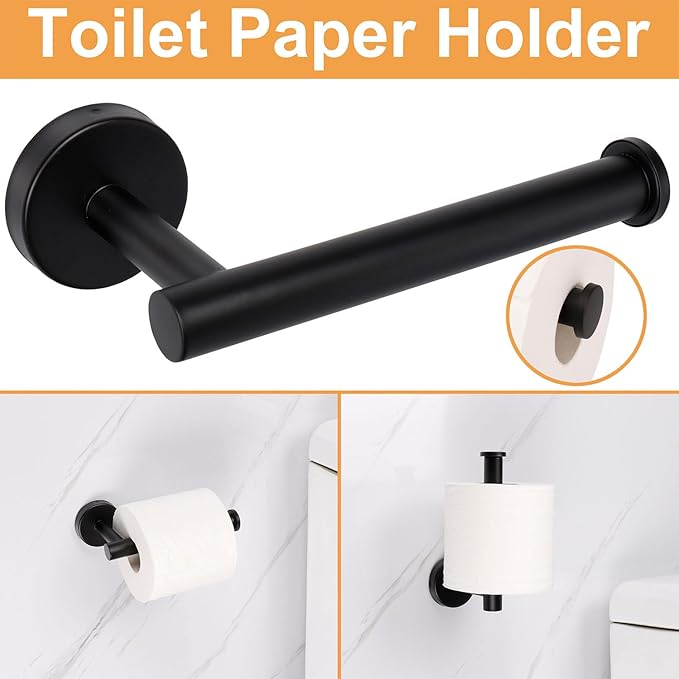 TocTen Bathroom Hardware Set, Thick Stainless Steel Bath Towel Bar Set Including Towel Rack for Bathroom+Toilet Paper Holder+3 Robe Towel Hooks Wall Mount Bathroom Accessory Set(16IN,Matte Black)