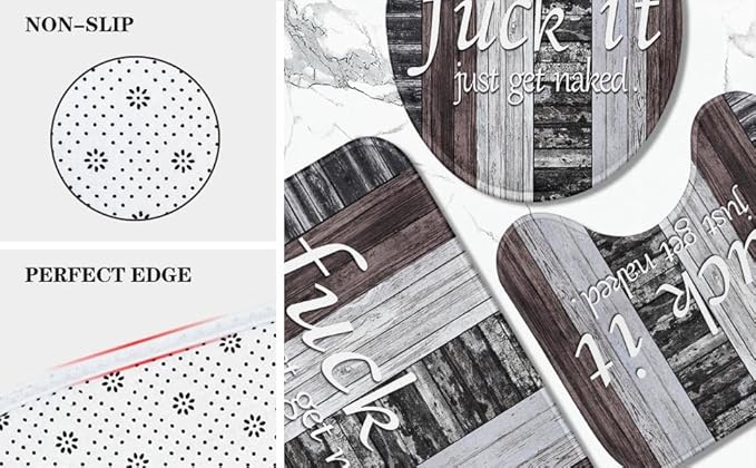 ArtSocket 4PC Funny Get Naked Farmhouse Rustic Grey Brown Striped Shower Curtain Sets Bathroom Decor with Rugs, Non-Slip Rug,Toilet Lid Cover, Bath Mat and 12 Hooks 72x72 inches