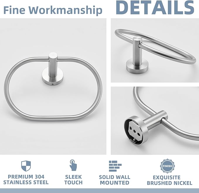 APLusee Oval Towel Ring Brushed Nickel, 304 Stainless Steel Towel Holder for Bathroom Kitchen, Wall Mounted