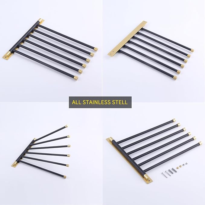 GERZWY Bathroom Swing Arm Towel Bars Wall Mount Bath Towel Rack with 6 Arms Hanger Towel Holder Organizer Stainless Steel (Black & Gold) HYG06-BD