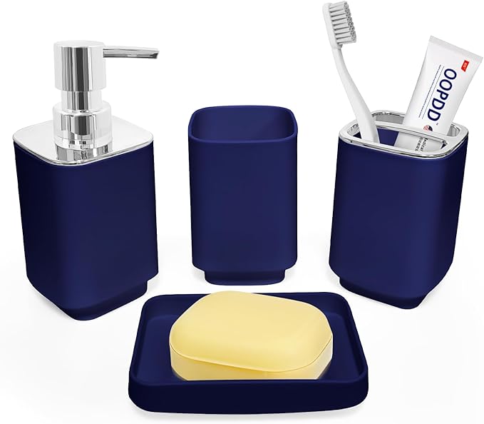 4 Piece Bathroom Accessory Sets, Blue Bathroom Accessories Sets Include Toothbrush Holders Set, Soap Dispenser, Soap Dish and Toothbrush Cup, Modern Bathroom Decoration