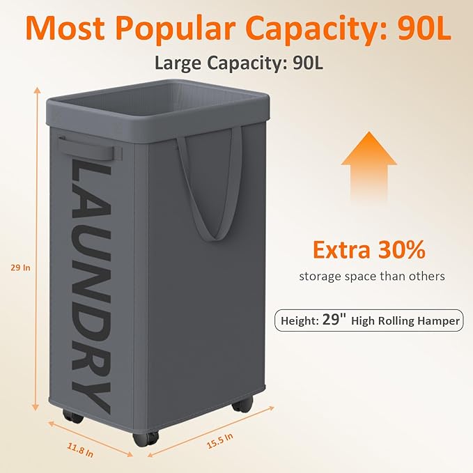 Laundry Basket with Wheels, 90L Rolling Laundry Hamper with Wheels, Large Clothes Hamper on Wheel with Removable Mesh Bag for Bedroom, Bathroom, Dorm, Grey