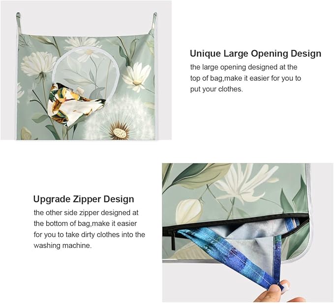 Sage Green Dandelions Door Hanging Laundry Hamper Bag with Free Adjustable Stainless Steel Hooks Dirty Clothes Hamper Extra Large Over the Door Laundry Hamper 29.5X20inch 2PACK