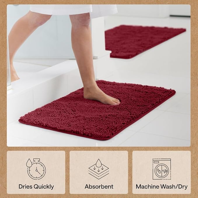 GORILLA GRIP Bath Rug Mat 48x17, Soft Absorbent Chenille, Quick Dry Microfiber Mats, Rubber Backing Washable Shower Floor Rugs, Bathmat Runner, US Designed Bathroom Home Decor Accessories Burgundy