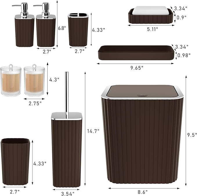 XLHOMO Bathroom Accessories Set - Gorgeous Bathroom Set, 10PC Brown Bathroom Accessories, Bathroom Accessory Set, Toilet Brush, Trash Can, Qtip Holder Dispenser & Soap Dispenser