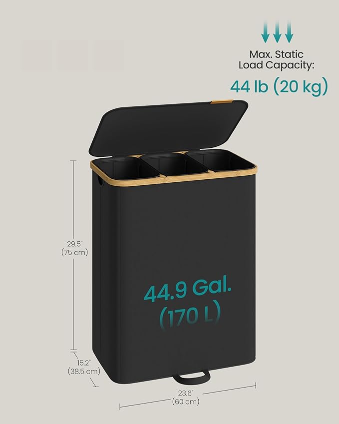 SONGMICS Laundry Hamper, Laundry Sorter with Lid, Storage Basket Bin, Removable Liners, Bamboo Frame, for Bedroom, 3 Sections, 44.9 Gal. (170 L), Ink Black ULCB533BH01