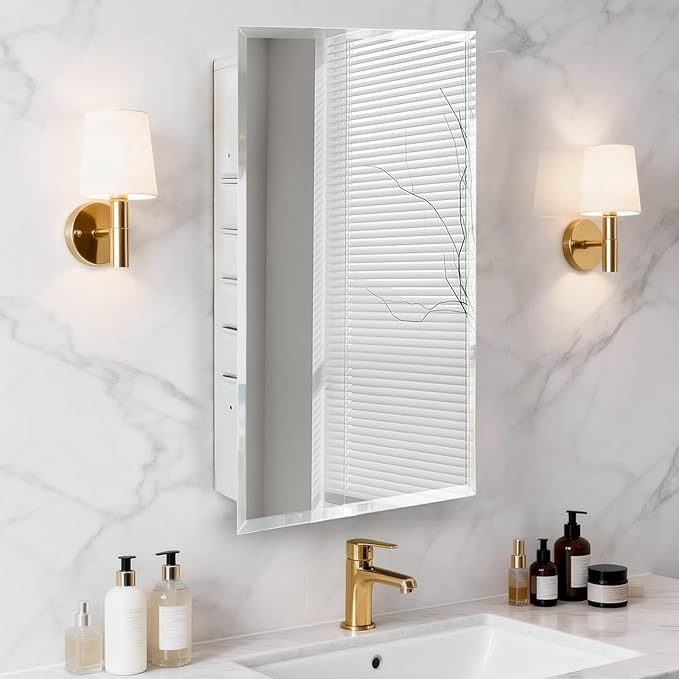 16x26'' Bathroom Medicine Cabinet Mirror with Storage, Surface Mount or Recessed Medicine Cabinet with 4-Tiered Adjustable Tempered Glass Shelves