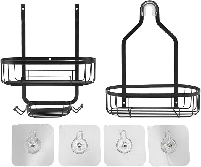 Metal Iron Wall Mounted Bathroom Basket, Punch Free Bathroom Shelves, 2 Layer Wall Mount Storage Basket for Bathroom with Adhesive Backing for Tile Glass Marble Surfaces (Black)