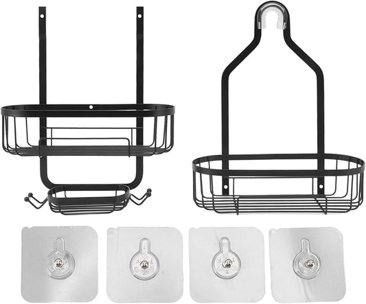 Metal Iron Wall Mounted Bathroom Basket, 2 Layer Punch Free Bathroom Shelves, Rust Storage Basket for Tile and Glass Surfaces, Easy Install Toilet Accessories for Bathroom (Black)