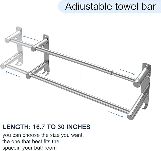Double Towel Bar, Stainless Steel Adjustable 16 to 28In Double Towel Racks for Bathroom, Double Bath Towel Bar,Applicable to Bathrooms and Kitchens