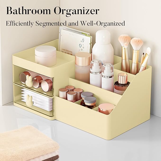 Makeup Organizer, Cosmetic Desk Storage Box with Drawers Skincare Organizers for Dressing Table, Countertop, Bathroom Counter, Vanity Holder for Brushes, Lotions, Lipstick, Perfume (Yellow-Clear)