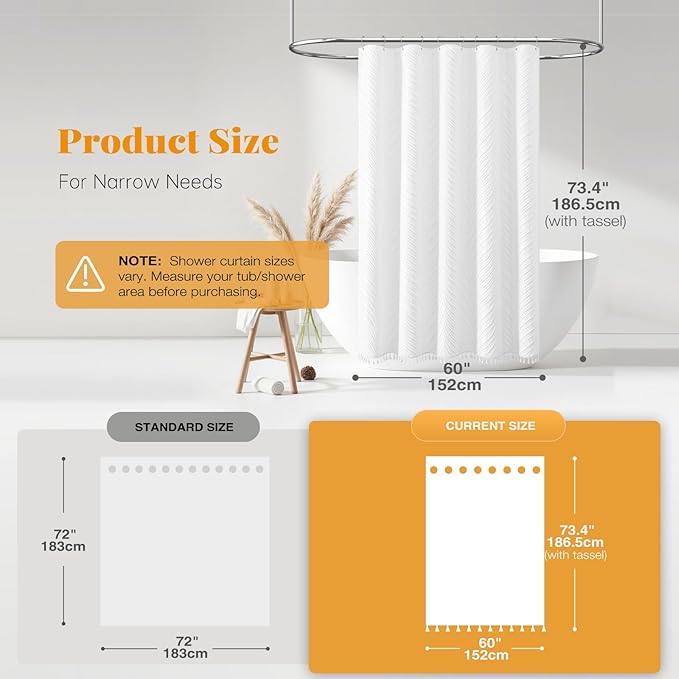 BTTN 60x72 Shower Curtain - 60 Inch Wide Boho Tufted Leaves Textured Striped Tassel Shower Curtain Set with 10 Plastic Hook, Modern Farmhouse Shabby Chic Minimalist Shower Curtains for bathroom, White