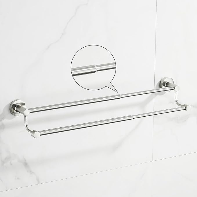 Adjustable Double Towel Racks for Bathroom 15 to 26.5 Inch Towel Bar, Expandable Brushed Nickel Double Bath Towel Holder, Wall Mount with Screws Towel Bar Rod