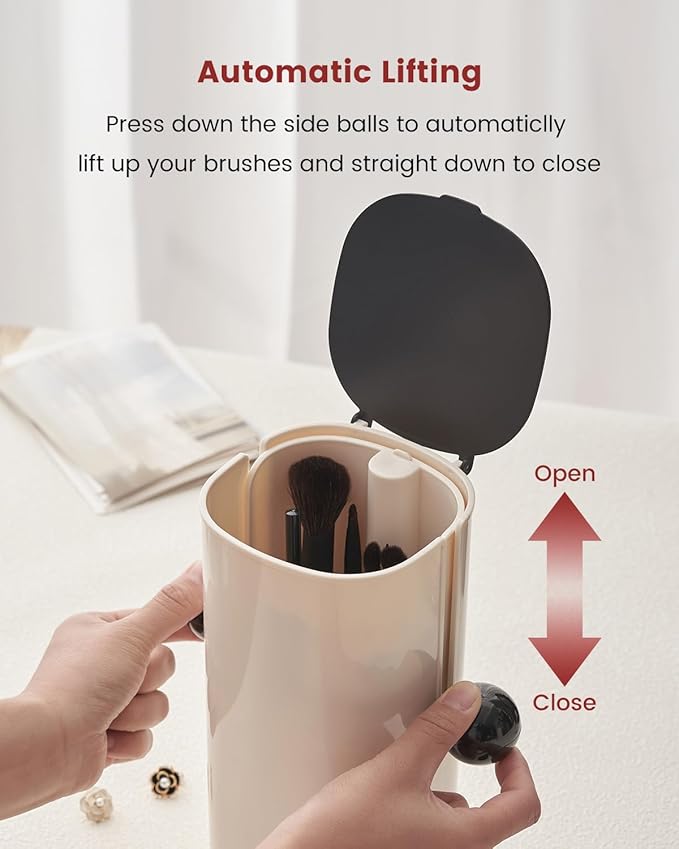 Karmiir Automatic Makeup Brush Organizer with Dustproof Cover & 4 Compartments Automatic Lifting Makeup Brush Holder Long and Short Separation Storage