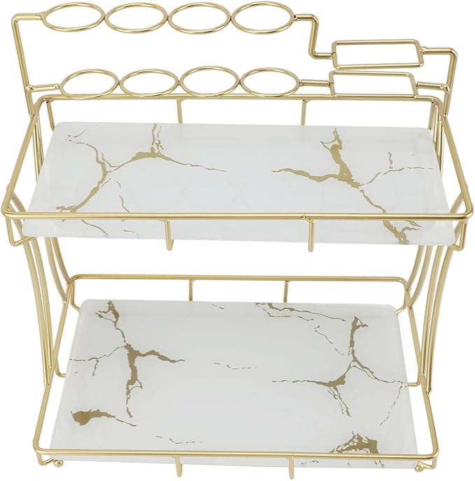 Double Layer Countertop Storage Rack, Bathroom Countertop Organizer with Electric Toothbrush Holder, Iron and Glass Counter Shelf for Toiletries and Cosmetics (White Background Gold Grain)