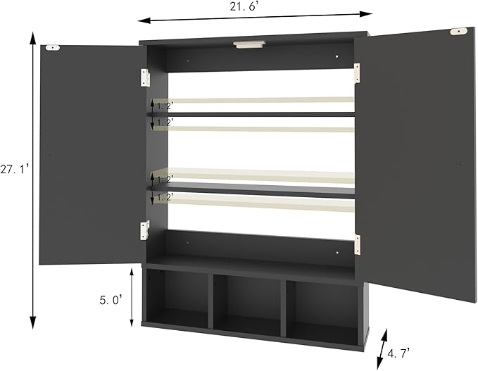 Bathroom Medicine Cabinet 2 Doors with 3 Open Shelves, Over The Toilet Storage Wall Mounted Medicine Cabinet with Adjustable Partitions，Home Cabinet for Bathroom,Living Room,Kitchen,Black