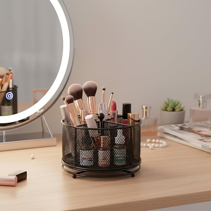 360° Rotating Makeup Brush Holder, Metal Perfume Organizer, 4 Compartments Desk Storage, Makeup Organizer Countertop for Vanity, Desktop, Bathroom, Black