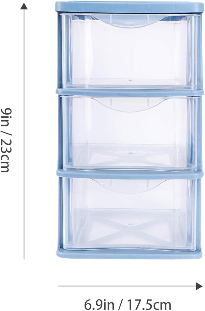 Drawer Storage Cabinet Plastic Makeup Organizer Storage Station Cube with 3 Drawers Cosmetics Jewelry Storage Case Display for Bathroom Vanity Cabinet Countertops Blue Plastic Desk Drawers
