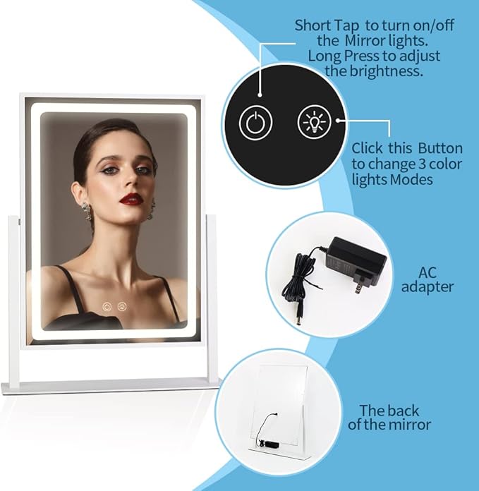 Vanity Mirror with Lights - 13.78"× 10.23" Adjustable Lighted Makeup Mirror for Desk, Detachable 10X Magnification Mirror, Touch Sensor, Desk Mirror for Bedroom & Dressing Room (White)