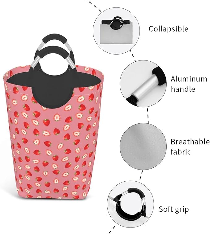 Strawberry Laundry Basket Cute Fruits Laundry Hamper Pink Strawberries Collapsible Laundry Baskets with Handle Dirty Clothes Hamper Bag for Dorm Family Bathroom Decor Storage 50L