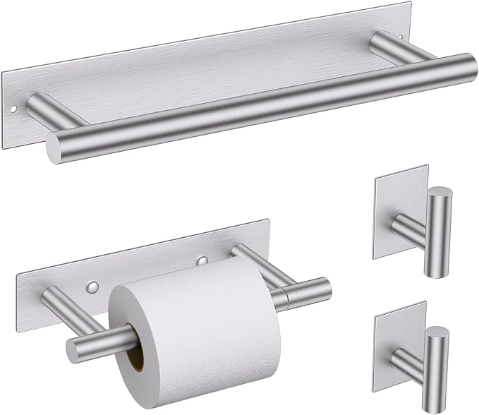 Lairuier 4-Piece Bathroom Hardware Set, Brushed Nickel Towel Holder Set Include Adhesive or Screw Towel Bar, Toilet Paper Holder and 2 Towel Hooks, Stainless Steel Wall Mounted Bathroom Accessories