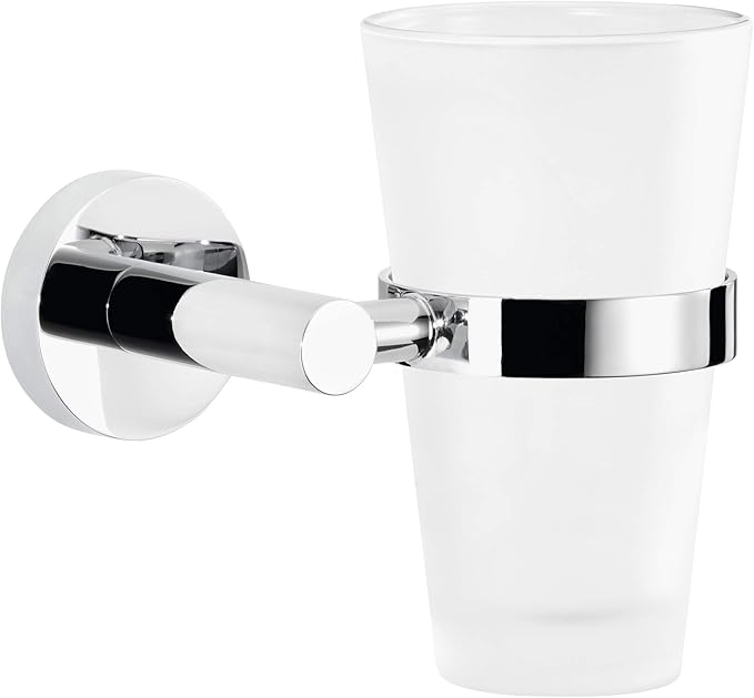 tesa EXXCELLENT Toothbrush Holder - Self-Adhesive, Stainless-Steel Tooth Brush Holder with Frosted Glass Cup - Waterproof, incl. Power.Kit Adhesive Solution - 125mm x 130mm x 105mm