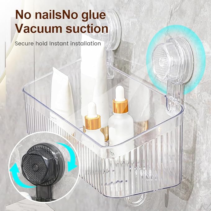 No-Drill Bathroom Suction Storage Box, 2026 Upgraded Suction Cup Wall Shelf, Portable Wall Mounted Bathroom Organizer for Shower, Durable Removable Storage Basket for Home (Grey, Medium)
