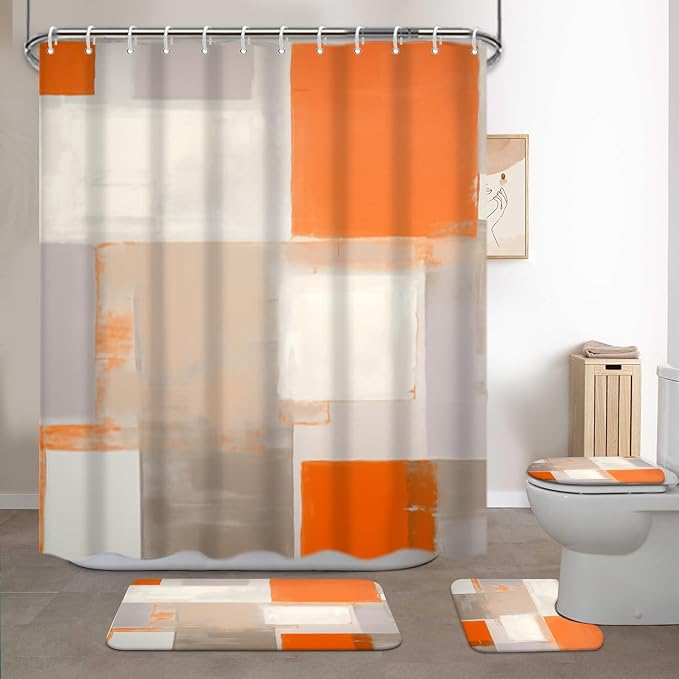 Lnond 4Pcs Bathroom Shower Curtain Sets with Rugs,Orange Brown Painting Art Bathroom Sets with Shower Curtain and Rugs and Accessories