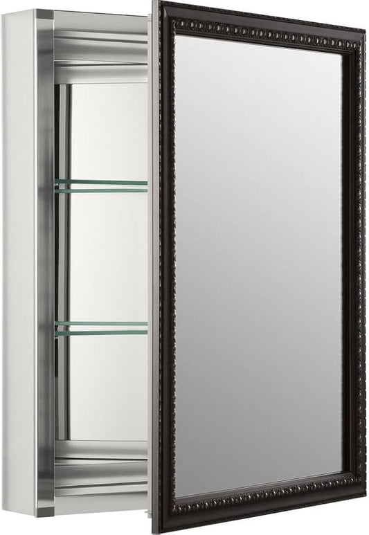 Kohler 2967-BR1 20" W x 26" H Bathroom Medicine Cabinet with Framed Mirror Door, Recessed or Surface Mount Bathroom Wall Cabinet, Oil-Rubbed Bronze