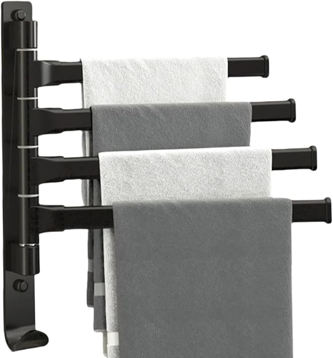2-5 Arms Swivel Towel Rack Bath Towel Holder with Hook Swing Arm Towel Rack Wall Mount for Bathroom Kitchen-Black 4Arm
