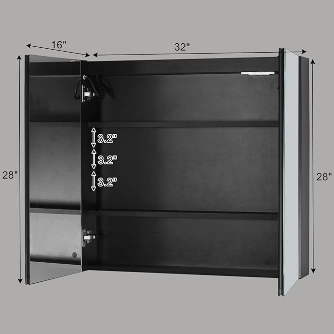 Karl home 32x28 Inch 2 Doors Bathroom Medicine Cabinet with LED Mirror, 3 Color Wall Mounted Dimmable Bathroom Cabinet with 3-Tier Storage Shelves, Anti-Fog, USB Charge, Black